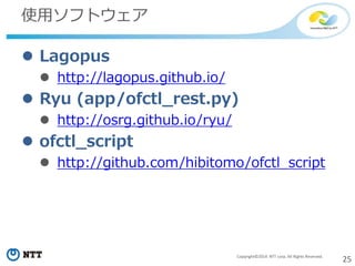 25Copyright©2014 NTT corp. All Rights Reserved.
使用ソフトウェア
 Lagopus
 http://lagopus.github.io/
 Ryu (app/ofctl_rest.py)
 http://osrg.github.io/ryu/
 ofctl_script
 http://github.com/hibitomo/ofctl_script
 