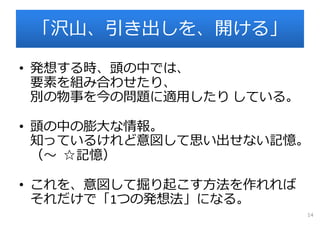 「沢⼭、引き出しを、開ける」
• 発想する時、頭の中では、
要素を組み合わせたり、
別の物事を今の問題に適⽤したり している。
• 頭の中の膨⼤な情報。
知っているけれど意図して思い出せない記憶。
（〜 ☆記憶）
• これを、意図して掘り起こす⽅法を作れれば
それだけで「1つの発想法」になる。
14
 