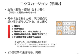 エクスカージョン【⼿順2】
• ⽣物（動物・植物）を８つ書く
（なるべく特徴のあるもの）
• その「⽣き物」から、次の観点で
思い浮かぶモノゴトを、８つ書く
1.「動き」
2.「形や構造」
3.「作りだすモノ、作るプロセス」
4.「周囲の環境の利⽤、環境に及ぼすこと」
5.「その⽣き物から連想すること」
• 2つ⽬以降の⽣き物も、同様
※ 必ずしも、上記を網羅しなくて良い
※ インコレクト（正しくない、妥当でないこと）でOK！
（⼯夫発想の材料として利⽤ができてしまえばよいので）
16
 