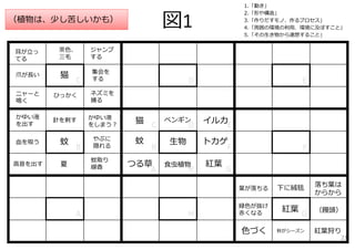図1
C D E
C D E
B B
⽣物
F F
A H G
A H G
つる草
猫 ペンギン イルカ
トカゲ
紅葉⾷⾍植物
ニャーと
鳴く
⽖が⻑い
⽿が⽴っ
てる
茶⾊、
三⽑
ジャンプ
する
集会を
する
ネズミを
捕る
ひっかく
猫
紅葉
⾊づく
緑⾊が抜け
⾚くなる
葉が落ちる 下に絨毯 落ち葉は
からから
（饅頭）
紅葉狩り秋がシーズン
（植物は、少し苦しいかも）
蚊蚊
⾼⾳を出す
⾎を吸う
かゆい液
を出す
針を刺す かゆい液
をしまう？
やぶに
隠れる
蚊取り
線⾹夏
1.「動き」
2.「形や構造」
3.「作りだすモノ、作るプロセス」
4.「周囲の環境の利⽤、環境に及ぼすこと」
5.「その⽣き物から連想すること」
21
 