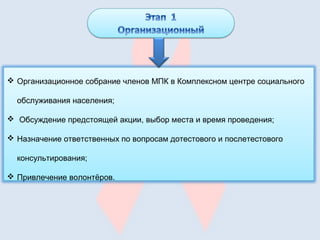  Организационное собрание членов МПК в Комплексном центре социального
обслуживания населения;
 Обсуждение предстоящей акции, выбор места и время проведения;
 Назначение ответственных по вопросам дотестового и послетестового
консультирования;
 Привлечение волонтёров.
 
