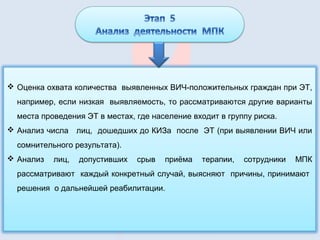 Оценка охвата количества выявленных ВИЧ-положительных граждан при ЭТ,
например, если низкая выявляемость, то рассматриваются другие варианты
места проведения ЭТ в местах, где население входит в группу риска.
 Анализ числа лиц, дошедших до КИЗа после ЭТ (при выявлении ВИЧ или
сомнительного результата).
 Анализ лиц, допустивших срыв приёма терапии, сотрудники МПК
рассматривают каждый конкретный случай, выясняют причины, принимают
решения о дальнейшей реабилитации.
 