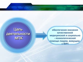 обеспечение оказания
качественной
медицинской и социально
- психологической
помощи людям, живущим
с ВИЧ
 