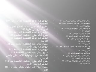  83    ‫السبت‬ ‫يوم‬ ‫ثيؤطوكية‬ ‫على‬ ‫واطس‬ ‫إبصالية‬
 84    ‫السبت‬ ‫ثيؤطوكية‬ ‫قبل‬ ‫تقال‬ ‫عربى‬ ‫ثيؤطوكية‬
 85    ‫السبت‬ ‫ثيؤطوكية‬
 86    ‫السبت‬ ‫يوم‬ ‫ثيؤطوكية‬ ‫على‬ ‫واطس‬ ‫طرح‬
 87    ‫الشيرات‬
 88    ‫الواطس‬ ‫الثيؤطوكيات‬ ‫ختام‬
 89    ‫الرابع‬ ‫الهوس‬ ‫على‬ ‫آدام‬ ‫إبصالية‬
 90    ‫الرابع‬ ‫الهوس‬ ‫على‬ ‫آدام‬ ‫مديح‬
 91    ‫الرابع‬ ‫الهوس‬
 92    ‫المزمور‬149
 93    ‫شهر‬ ‫في‬ ‫الرابع‬ ‫الهوس‬ ‫من‬ ‫الثالث‬ ‫المزمور‬ ‫مرد‬
‫كيهك‬
 94    ‫المزمور‬150
 95    ‫الرابع‬ ‫الهوس‬ ‫على‬ ‫آدام‬ ‫طرح‬
 96    ‫أيكوتي‬ ‫شرح‬ ‫على‬ ‫مرتبة‬ ‫آدام‬ ‫إبصالية‬
 97    ‫آيكوتي‬ ‫بعد‬ ‫آدام‬ ‫مديح‬
 98    ‫الحد‬ ‫يوم‬ ‫ثيؤطوكية‬ ‫على‬ ‫آدام‬ ‫إبصالية‬
 99    ‫ليبون‬ ‫لحن‬
100  ‫الى‬ ‫الولى‬ ‫القطعة‬ ‫الحد‬ ‫ثيؤطوكية‬
‫السادسة‬ ‫القطعة‬
106  ‫الولى‬ ‫القطع‬ ‫الستة‬ ‫على‬ ‫آدام‬ ‫طرح‬
107  ‫ماريا‬ ‫ني‬ ‫شيري‬ ‫لحن‬
108  ‫السابعة‬ ‫القطعة‬ ‫الحد‬ ‫ثيؤطوكية‬
109  ‫السابعة‬ ‫القطعة‬ ‫على‬ ‫آدام‬ ‫طرح‬
110  ‫القطعة‬ ‫القطعة‬ ‫الحد‬ ‫ثيؤطوكية‬
‫الثامنة‬
111  ‫من‬ ‫الثامنة‬ ‫القطعة‬ ‫بعد‬ ‫يقال‬ ‫مديح‬
‫الحد‬ ‫يوم‬ ‫ثيؤطوكية‬
112  ‫التاسعة‬ ‫القطعة‬ ‫الحد‬ ‫ثيؤطوكية‬
113  ‫القطعة‬ ‫تفسير‬ ‫بعد‬ ‫يقال‬ ‫مديح‬
‫راشى‬ ‫على‬ ‫الحد‬ ‫ثيؤطوكية‬ ‫من‬ ‫التاسعة‬
‫ماريا‬ ‫أو‬
114  ‫من‬ ‫التاسعة‬ ‫القطعة‬ ‫على‬ ‫أدام‬ ‫طرح‬
‫الحد‬ ‫يوم‬ ‫ثيؤطوكية‬
115  ‫تى‬ ‫بعد‬ ‫يقال‬ ‫البتول‬ ‫في‬ ‫أمدح‬ ‫مديح‬
‫اوي‬
 