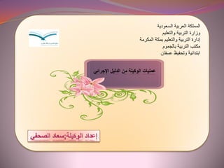 ‫السعودية‬ ‫العربية‬ ‫المملكة‬
‫والتعليم‬ ‫التربية‬ ‫وزارة‬
‫المكرمة‬ ‫بمكة‬ ‫والتعليم‬ ‫التربية‬ ‫إدارة‬
‫بالجموم‬ ‫التربية‬ ‫مكتب‬
‫عسفان‬ ‫وتحفيظ‬ ‫ابتدائية‬
‫اإلجرائي‬ ‫الدليل‬ ‫من‬ ‫الوكيلة‬ ‫عمليات‬
 
