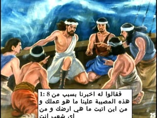 1: 8 ‫من‬ ‫بسبب‬ ‫اخبرنا‬ ‫له‬ ‫فقالوا‬
‫و‬ ‫عملك‬ ‫هو‬ ‫ما‬ ‫علينا‬ ‫المصيبة‬ ‫هذه‬
‫من‬ ‫و‬ ‫ارضك‬ ‫هي‬ ‫ما‬ ‫اتيت‬ ‫اين‬ ‫من‬
 