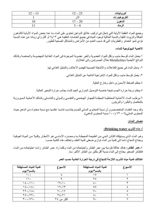 ‫ت‬ ‫و‬ ‫ا‬12 – 2512 – 13
‫رات‬ ‫ه‬ ‫ا‬‫ر‬ ‫ا‬1
‫ن‬ ‫ه‬ ‫ا‬17 – 2010
‫د‬ ‫ا‬3 – 411
‫ن‬ ‫ه‬ ‫آ‬ ‫و‬ ‫ا‬ ‫اد‬ ‫ا‬ ‫ا‬ ‫ء‬ ‫ا‬ ‫ى‬ ‫وا‬ ‫ا‬ ‫آ‬ ‫ا‬ ‫و‬ ‫ا‬ ‫ا‬ ‫اد‬ ‫ا‬ ‫و‬
‫وا‬ ‫ا‬‫ه‬ ‫ا‬ ‫ت‬ ‫ا‬ ‫ة‬ ‫ا‬ ‫د‬ ‫ا‬ ‫وا‬ ‫ا‬ ‫ت‬١٣%‫ا‬ ‫ه‬ ‫دة‬ ‫ز‬ ‫وأي‬ ‫أ‬ ‫أو‬
‫ر‬ ‫ا‬ ‫آ‬ ‫وا‬ ‫اض‬ ‫ا‬ ‫ا‬ ‫ا‬ ‫ت‬ ‫وا‬ ‫ا‬ ‫دي‬.
‫ء‬ ‫ا‬ ‫ه‬ ‫ا‬:
١-‫وا‬ ‫ا‬ ‫اد‬ ‫و‬ ‫آ‬ ‫ء‬ ‫ا‬‫وآ‬ ‫وا‬ ‫ا‬ ‫ا‬ ‫ا‬ ‫اد‬ ‫ا‬ ‫دة‬ ‫ا‬
‫ا‬ ‫ا‬ ‫ا‬Metabolites‫ا‬ ‫ل‬)‫ا‬ ‫وإ‬.(
٢-‫ا‬ ‫ا‬ ‫وا‬ ‫ف‬ ‫ا‬ ‫آ‬ ‫ا‬ ‫وا‬ ‫ت‬ ‫ا‬ ‫ء‬ ‫ا‬.
٣-‫ا‬ ‫ا‬ ‫ا‬ ‫اد‬ ‫و‬ ‫آ‬‫ا‬ ‫ا‬ ‫ا‬.
٤-‫ا‬ ‫رج‬ ‫و‬ ‫دا‬ ‫زى‬ ‫ا‬ ‫ا‬.
٥-‫ا‬ ‫ا‬ ‫ارة‬ ‫ء‬ ‫ا‬ ‫اري‬ ‫ا‬ ‫ا‬ ‫ا‬ ‫ارة‬ ‫در‬.
٦-‫وز‬ ‫ا‬ ‫ا‬ ‫وآ‬ ‫وا‬ ‫وا‬ ‫وا‬ ‫ا‬ ‫ز‬ ‫ا‬ ‫ا‬ ‫ا‬ ‫ء‬ ‫ا‬
‫ن‬ ‫وا‬ ‫را‬ ‫وا‬.
‫ه‬ ‫ا‬ ‫ا‬ ‫ا‬ ‫ى‬ ‫ا‬ ‫أن‬ ‫ن‬ ‫ا‬ ‫ء‬ ‫ا‬ ‫و‬ ‫و‬
‫ا‬ ‫ى‬ ‫ا‬= %٧٣)١٠٠-‫ه‬ ‫ا‬ ‫ى‬ ‫ا‬.(
‫ء‬ ‫ا‬ ‫در‬:
‫أ‬-‫ب‬ ‫ا‬ ‫ء‬Drinking water:
‫ا‬ ‫ا‬ ‫ي‬ ‫ا‬ ‫ء‬ ‫ا‬ ‫وه‬‫ا‬ ‫ة‬ ‫ا‬ ‫و‬ ‫ر‬ ‫ا‬ ‫ه‬ ‫ا‬ ‫ر‬ ‫و‬ ‫ا‬ ‫ا‬
‫ا‬ ‫ه‬ ‫و‬ ‫ا‬ ‫آ‬ ‫ازى‬ ‫ء‬ ‫ا‬ ‫آ‬ ‫إ‬ ‫دا‬ ‫ج‬ ‫ا‬ ‫ج‬ ‫و‬:
١-‫ا‬:‫ا‬ ‫زادت‬ ‫ا‬ ‫زاد‬ ‫وآ‬ ‫ء‬ ‫ا‬ ‫وأ‬ ‫ا‬ ‫د‬ ‫ك‬ ‫ه‬‫ء‬ ‫ا‬
‫آ‬ ‫ا‬ ‫ا‬ ‫أ‬ ‫ء‬ ‫ا‬ ‫إ‬ ‫ج‬ ‫ا‬.
‫ا‬ ‫د‬ ‫ا‬ ‫ارة‬ ‫ا‬ ‫در‬ ‫ج‬ ‫ز‬ ‫ا‬ ‫ب‬ ‫ا‬ ‫آ‬ ‫ف‬ ‫ا‬
‫ع‬ ‫ا‬‫ا‬ ‫ا‬ ‫آ‬
٣/‫م‬
‫ع‬ ‫ا‬‫ا‬ ‫ا‬ ‫آ‬
٣/‫م‬
١١٥٨١٠٠
٢٢٥٩١١٠
٣٤٠١٠-١٢١١٠-١٤٠
٤٥٥١٣-١٦١٤٠-١٨٠
٥٧٠١٧-٢٠١٨٠-٢٢٠
٦٨٠٢١-٢٤٢٢٠-٢٥٠
٧٩٠‫أآ‬٢٤٢٦٠-٣٠٠
 
