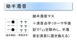 拗半濁音
（拗半濁音） （清音点字）
？ ？
？ ？
？ ？
●
拗半濁音マス
＋清音点字（ローマ字表
記で「y」を除外し、半濁
音を清音に置き換える）
●
 