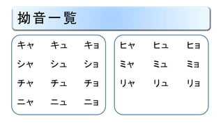 拗濁音・拗半濁音一覧
ギャ ギュ ギョ
ジャ ジュ ジョ
ヂャ ヂュ ヂョ
ビャ ビュ ビョ
ピャ ピュ ピョ
 