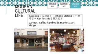 MODERN
CULTURAL
LIFE Sakyoku （左京區）→ Ichijoji Station （一乗
寺）→ Kenfunshia（惠文社）
various cafés, handmade markets, art
shops
MISSIO
N3
MISSIO
N1
MISSIO
N2
 