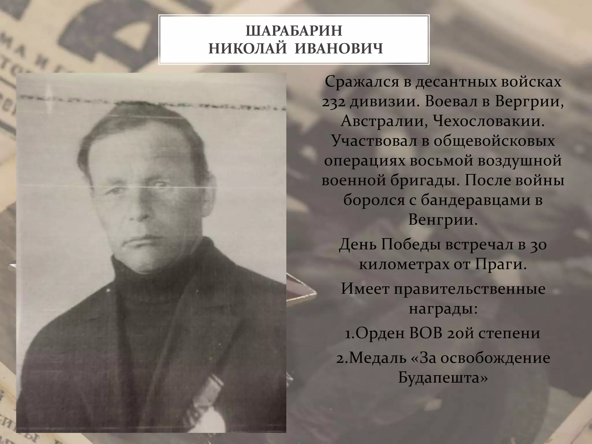 Сражался в десантных войсках
232 дивизии. Воевал в Вергрии,
Австралии, Чехословакии.
Участвовал в общевойсковых
операциях восьмой воздушной
военной бригады. После войны
боролся с бандеравцами в
Венгрии.
День Победы встречал в 30
километрах от Праги.
Имеет правительственные
награды:
1.Орден ВОВ 2ой степени
2.Медаль «За освобождение
Будапешта»
ШАРАБАРИН
НИКОЛАЙ ИВАНОВИЧ
 