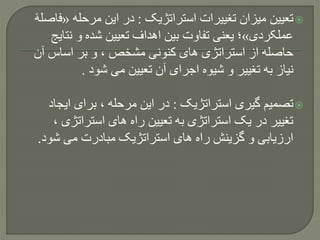 ‫استراتژیک‬ ‫تغییرات‬ ‫میزان‬ ‫تعیین‬:‫مرحله‬ ‫این‬ ‫در‬«‫ف‬‫اصلۀ‬
‫عملکردی‬»‫نت‬ ‫و‬ ‫شده‬ ‫تعیین‬ ‫اهداف‬ ‫بین‬ ‫تفاوت‬ ‫یعنی‬ ‫؛‬‫ایج‬
‫آن‬ ‫اساس‬ ‫بر‬ ‫و‬ ، ‫مشخص‬ ‫کنونی‬ ‫های‬ ‫استراتژی‬ ‫از‬ ‫حاصله‬
‫شود‬ ‫می‬ ‫تعیین‬ ‫آن‬ ‫اجرای‬ ‫شیوه‬ ‫و‬ ‫تغییر‬ ‫به‬ ‫نیاز‬.
‫استراتژیک‬ ‫گیری‬ ‫تصمیم‬:‫ایجا‬ ‫برای‬ ، ‫مرحله‬ ‫این‬ ‫در‬‫د‬
‫استراتژی‬ ‫های‬ ‫راه‬ ‫تعیین‬ ‫به‬ ‫استراتژی‬ ‫یک‬ ‫در‬ ‫تغییر‬،
‫شود‬ ‫می‬ ‫مبادرت‬ ‫استراتژیک‬ ‫های‬ ‫راه‬ ‫گزینش‬ ‫و‬ ‫ارزیابی‬.
 