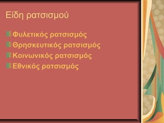 Είδη ρατσισμού
Φυλετικός ρατσισμός
Θρησκευτικός ρατσισμός
Κοινωνικός ρατσισμός
Εθνικός ρατσισμός
 