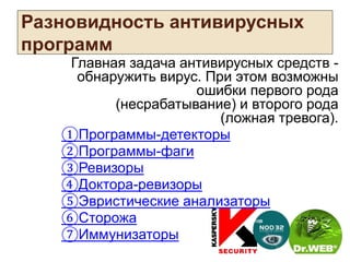 Разновидность антивирусных
программ
Главная задача антивирусных средств -
обнаружить вирус. При этом возможны
ошибки первого рода
(несрабатывание) и второго рода
(ложная тревога).
①Программы-детекторы
②Программы-фаги
③Ревизоры
④Доктора-ревизоры
⑤Эвристические анализаторы
⑥Сторожа
⑦Иммунизаторы
 