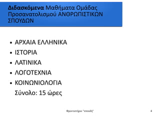 Φροντιστήριο "σπουδή" 4
Διδασκόμενα Μαθήματα Ομάδας
Προσανατολισμού ΑΝΘΡΩΠΙΣΤΙΚΩΝ
ΣΠΟΥΔΩΝ
● ΑΡΧΑΙΑ ΕΛΛΗΝΙΚΑ
● ΙΣΤΟΡΙΑ
● ΛΑΤΙΝΙΚΑ
● ΛΟΓΟΤΕΧΝΙΑ
● ΚΟΙΝΩΝΙΟΛΟΓΙΑ
Σύνολο: 15 ώρες
 