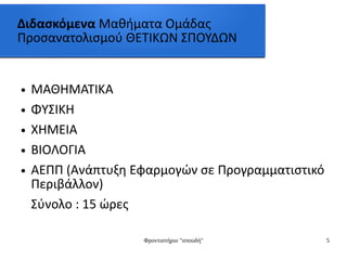 Φροντιστήριο "σπουδή" 5
Διδασκόμενα Μαθήματα Ομάδας
Προσανατολισμού ΘΕΤΙΚΩΝ ΣΠΟΥΔΩΝ
● ΜΑΘΗΜΑΤΙΚΑ
● ΦΥΣΙΚΗ
● ΧΗΜΕΙΑ
● ΒΙΟΛΟΓΙΑ
● ΑΕΠΠ (Ανάπτυξη Εφαρμογών σε Προγραμματιστικό
Περιβάλλον)
Σύνολο : 15 ώρες
 