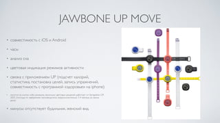 JAWBONE UP MOVE
• совместимость с iOS и Android 	

• часы	

• анализ сна	

• цветовая индикация режимов активности	

• связка с приложением UP (подсчет калорий,
статистика, постановка целей, запись упражнений,
совместимость с программой «здоровье» на iphone)	

• носится на клипсе либо ремешке, несколько цветовых решений. работает от батарейки CR
2032 (полгода по заверениям производителя, предположительно 3-4 месяца на самом
деле).	

• минусы: отсутствует будильник, женский вид
 