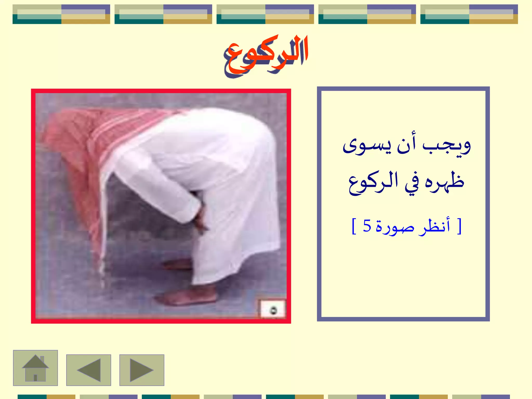 ‫الركوع‬
‫ى‬‫يسو‬‫أن‬ ‫ويجب‬
‫الِكوع‬ ‫في‬ ‫ظّهِه‬
[‫ة‬‫ر‬‫صو‬ ِ‫أنظ‬5]
 