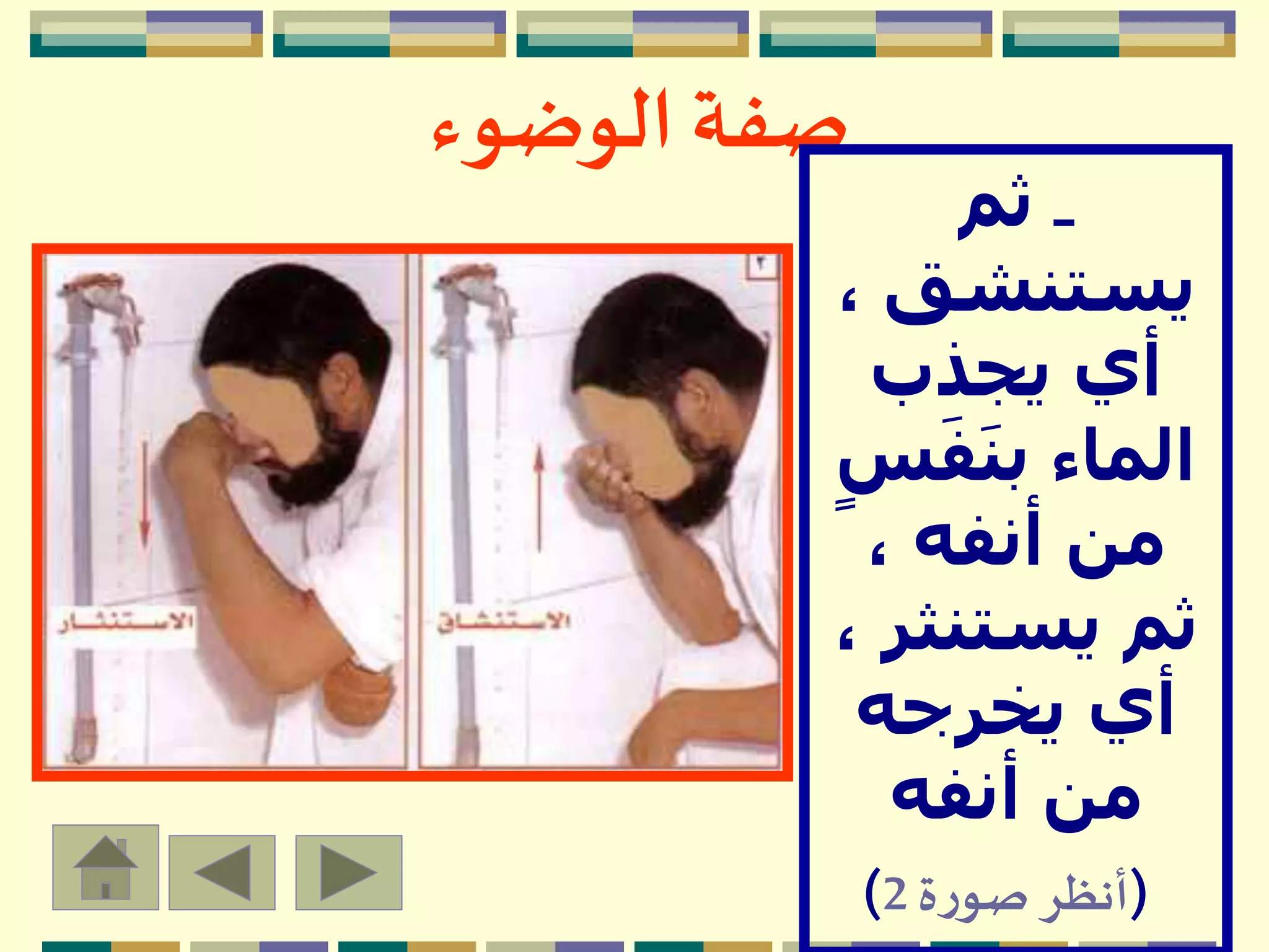 ‫الوضوء‬ ‫صفة‬
‫ـ‬‫ثم‬
‫يستنشق‬،
‫يجذب‬ ‫أي‬
َ‫ف‬َ‫ن‬‫ب‬ ‫الماء‬ٍ‫س‬
، ‫أنفه‬ ‫من‬
‫يستنث‬ ‫ثم‬، ‫ر‬
‫يخرجه‬ ‫أي‬
‫أنفه‬ ‫من‬
(‫ة‬‫ر‬‫صو‬ ‫أنظر‬2)
 