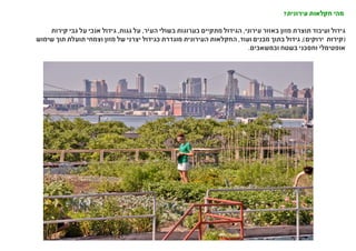 ?‫עירונית‬ ‫חקלאות‬ ‫מהי‬
‫קירות‬ ‫גבי‬ ‫על‬ ‫אנכי‬ ‫גידול‬ ,‫גגות‬ ‫על‬ ,‫העיר‬ ‫בשולי‬ ‫בערוגות‬ ‫מתקיים‬ ‫הגידול‬ ,‫עירוני‬ ‫באזור‬ ‫מזון‬ ‫תוצרת‬ ‫ועיבוד‬ ‫גידול‬
‫שימוש‬ ‫תוך‬ ‫תועלת‬ ‫וצמחי‬ ‫מזון‬ ‫של‬ ‫יצרני‬ ‫כגידול‬ ‫מוגדרת‬ ‫העירונית‬ ‫החקלאות‬ ,‫ועוד‬ ‫מבנים‬ ‫בתוך‬ ‫גידול‬ ,)‫ירוקים‬ ‫(קירות‬
.‫ובמשאבים‬ ‫בשטח‬ ‫וחסכני‬ ‫אופטימלי‬
 