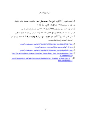 14
‫اجع‬‫ر‬‫امل‬‫املصادر‬‫و‬
1.‫حممود‬ ،‫السيد‬( ،2004،)‫م‬‫آسيا‬ ‫شرقى‬ ‫جنوب‬ ‫دول‬ ‫يخ‬‫ر‬‫تا‬،.‫اجلامعة‬ ‫شباب‬ ‫مؤسسة‬ :‫ية‬‫ر‬‫إسكند‬
2.‫مؤن‬( ،‫حسني‬ ،‫س‬1911،)‫م‬‫الفاتح‬ ‫اإلسالم‬.‫املكرمة‬ ‫مكة‬ ،
3.( ،‫رمضان‬ ‫سعيد‬ ‫حممد‬ ،‫البوطي‬2008،)‫م‬‫الغرب‬‫و‬ ‫إسالم‬،‫ط‬2،‫الفكر‬ ‫دار‬ :‫دمشق‬.
4.( ،‫هللا‬ ‫عبد‬ ،‫ة‬‫ز‬‫ع‬ ‫أبو‬1988،)‫م‬‫مستقبله‬ ‫ته‬‫ر‬‫حضا‬ ‫رسالته‬ :‫اإلسالم‬.‫للمالين‬ ‫العامل‬ ‫دار‬ :‫بريوت‬ ،
5.(‫أمحد،ر‬ ‫حممود‬ ،‫قمر‬2003،)‫م‬‫آسيا‬ ‫شرق‬ ‫وجنوب‬ ‫شرق‬ ‫يف‬ ‫املسلمون‬‫و‬ ‫سالم‬ٍ‫إل‬‫ا‬‫عني‬ :)‫اء‬‫ز‬‫(غ‬ ‫ام‬‫ر‬‫احل‬ ،
.‫اإلجتماعية‬‫و‬ ‫اإلنسانية‬ ‫البحوث‬‫و‬ ‫اسة‬‫ر‬‫للد‬
6.http://ar.wikipedia.org/wiki/%D8%A7%D9%84%D8%B5%D9%8A%D9%86
7.1.htm-http://arabic.cri.cn/other/china_geography/1
8.tp://ar.wikipedia.org/wiki/%D8%A7%D9%84%D8%B5%D9%8A%D9%86ht
9.http://ar.wikipedia.org/wiki/%D9%84%D8%BA%D8%A9_%D8%B5%D9%8A%D9%86
%D9%8A%D8%A9
10.http://ar.wikipedia.org/wiki/%D9%8A%D9%88%D8%A7%D9%86_%D8%B5%D9%
8A%D9%86%D9%8A
 