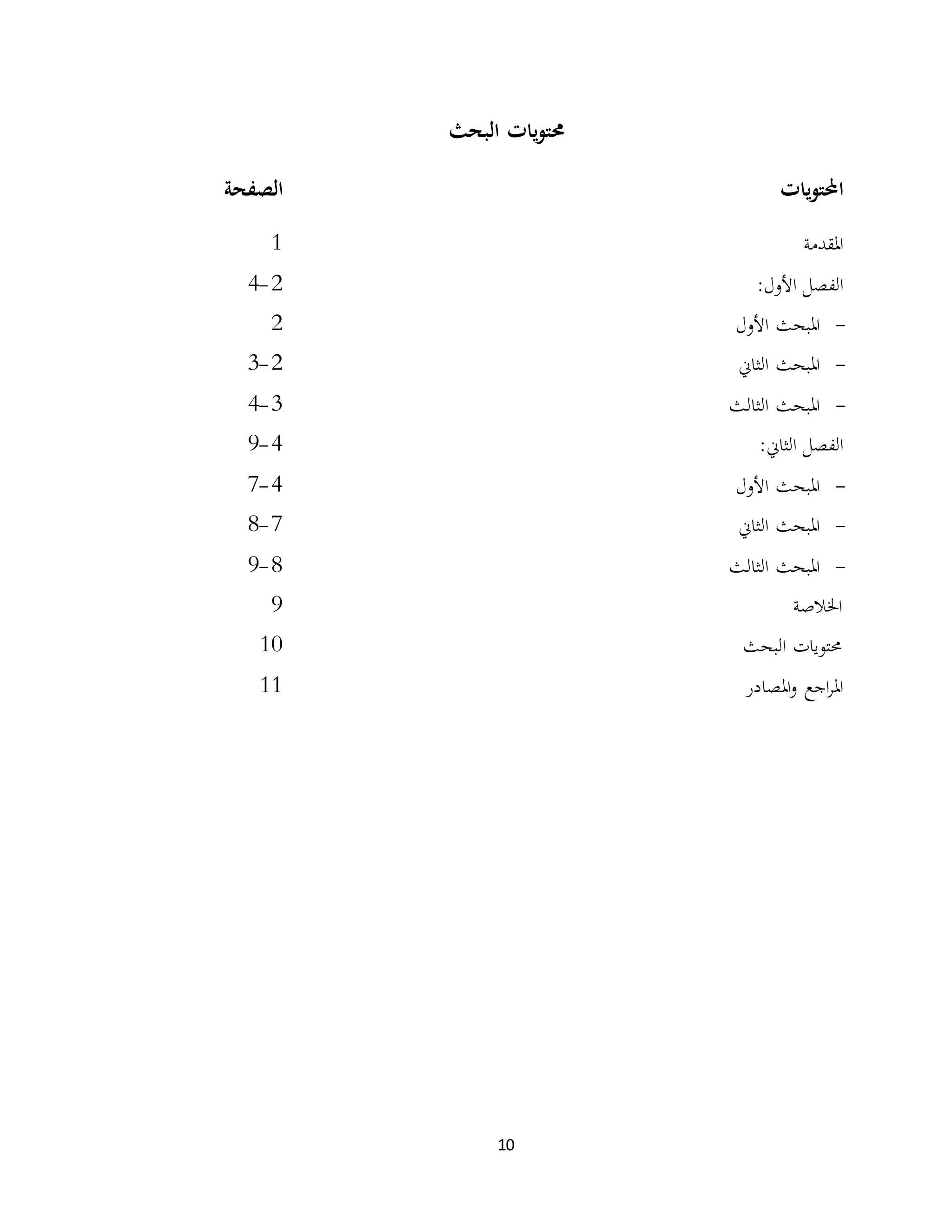 10
‫حمتو‬‫ي‬‫ات‬‫البحث‬
‫يات‬‫و‬‫احملت‬‫الصفحة‬
‫املقدمة‬1
‫الفصل‬:‫األول‬2-4
-‫األول‬ ‫املبحث‬2
-‫الثاين‬ ‫املبحث‬2-3
-‫الثالث‬ ‫املبحث‬3-4
‫الفصل‬:‫الثاين‬4-9
-‫األول‬ ‫املبحث‬4-7
-‫الثاين‬ ‫املبحث‬7-8
-‫الثالث‬ ‫املبحث‬8-9
‫اخلالصة‬9
‫حم‬‫البحث‬ ‫تويات‬10
‫املصادر‬‫و‬ ‫اجع‬‫ر‬‫امل‬11
 