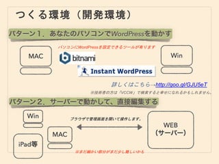 つくる環境（開発環境）
※まだ細かい部分がまだ少し難しいかも
パソコンにWordPressを設定できるツールが有ります
詳しくはこちら→http://goo.gl/GJU5eT
ブラウザで管理画面を開いて操作します。
※技術者の方は「VCCW」で検索すると幸せになれるかもしれません。
 