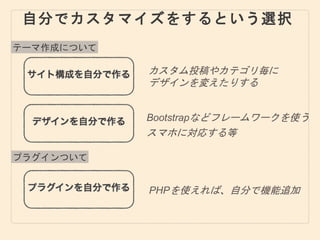 自分でカスタマイズをするという選択
テーマ作成について
プラグインついて
Bootstrapなどフレームワークを使う
カスタム投稿やカテゴリ毎に
デザインを変えたりする
スマホに対応する等
PHPを使えれば、自分で機能追加
 