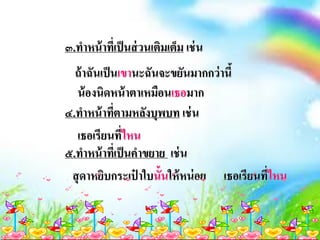 ๓.ทาหน้าที่เป็นส่วนเติมเต็ม เช่น
ถ้าฉันเป็นเขานะฉันจะขยันมากกว่านี้
น้องนิดหน้าตาเหมือนเธอมาก
๔.ทาหน้าที่ตามหลังบุพบท เช่น
เธอเรียนที่ไหน
๕.ทาหน้าที่เป็นคาขยาย เช่น
สุดาหยิบกระเป๋ าใบนั้นให้หน่อย เธอเรียนที่ไหน
 