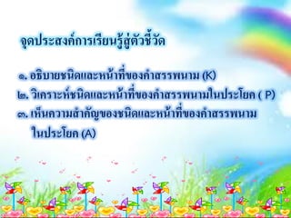 จุดประสงค์การเรียนรู้สู่ตัวชี้วัด
๑. อธิบายชนิดและหน้าที่ของคาสรรพนาม (K)
๒. วิเคราะห์ชนิดและหน้าที่ของคาสรรพนามในประโยค ( P)
๓. เห็นความสาคัญของชนิดและหน้าที่ของคาสรรพนาม
ในประโยค (A)
 