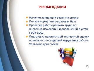 РЕКОМЕНДАЦИИ
15
- Наличие концепции развития школы
- Полная нормативно-правовая база
- Проверка работы рабочих групп по
внесению изменений и дополнений в устав
ГБОУ СОШ
- Подготовка независимой экспертной оценки
возможных последствий нарушения работы
Управляющего совета.
 