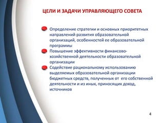 4
ЦЕЛИ И ЗАДАЧИ УПРАВЛЯЮЩЕГО СОВЕТА
- Определение стратегии и основных приоритетных
направлений развития образовательной
организаций, особенностей ее образовательной
программы
- Повышение эффективности финансово-
хозяйственной деятельности образовательной
организации
- Содействие рациональному использованию
выделяемых образовательной организации
бюджетных средств, полученных от его собственной
деятельности и из иных, приносящих доход,
источников
 