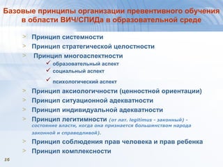 1616
Базовые принципы организации превентивного обучения
в области ВИЧ/СПИДа в образовательной среде
> Принцип системности
> Принцип стратегической целостности
> Принцип многоаспектности
 образовательный аспект
 социальный аспект
 психологический аспект
> Принцип аксиологичности (ценностной ориентации)
> Принцип ситуационной адекватности
> Принцип индивидуальной адекватности
> Принцип легитимности (от лат. legitimus - законный) -
состояние власти, когда она признается большинством народа
законной и справедливой).
> Принцип соблюдения прав человека и прав ребенка
> Принцип комплексности
 