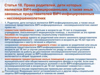 3131
Статья 18. Права родителей, дети которых
являются ВИЧ-инфицированными, а также иных
законных представителей ВИЧ-инфицированных
- несовершеннолетних
> 1. Родители, дети которых являются ВИЧ-инфицированными, а также иные
законные представители ВИЧ-инфицированных - несовершеннолетних имеют
право на:
> совместное пребывание с детьми в возрасте до 15 лет в стационаре
учреждения, оказывающего медицинскую помощь, с выплатой за это время
пособий по государственному социальному страхованию;
> бесплатный проезд одного из родителей или иного законного представителя
ВИЧ-инфицированного - несовершеннолетнего в возрасте до 16 лет при его
сопровождении к месту лечения и обратно;
> сохранения непрерывного трудового стажа за одним из родителей или иным
законным представителем ВИЧ-инфицированного - несовершеннолетнего в
возрасте до 18 лет в случае увольнения по уходу за ним и при условии
поступления на работу до достижения несовершеннолетним указанного
возраста; время ухода за ВИЧ-инфицированным - несовершеннолетним
включается в общий трудовой стаж;
> внеочередное предоставление жилых помещений в домах государственного,
муниципального или общественного жилищного фонда в случае, если они
нуждаются в улучшении жилищных условий и если ВИЧ-инфицированный -
несовершеннолетний в возрасте до 18 лет проживает совместно с ними.
> 2. Законами и иными нормативными правовыми актами субъектов
Российской Федерации могут устанавливаться и другие меры социальной
защиты ВИЧ-инфицированных и членов их семей.
 
