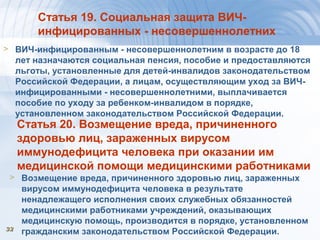 3232
Статья 19. Социальная защита ВИЧ-
инфицированных - несовершеннолетних
> ВИЧ-инфицированным - несовершеннолетним в возрасте до 18
лет назначаются социальная пенсия, пособие и предоставляются
льготы, установленные для детей-инвалидов законодательством
Российской Федерации, а лицам, осуществляющим уход за ВИЧ-
инфицированными - несовершеннолетними, выплачивается
пособие по уходу за ребенком-инвалидом в порядке,
установленном законодательством Российской Федерации.
Статья 20. Возмещение вреда, причиненного
здоровью лиц, зараженных вирусом
иммунодефицита человека при оказании им
медицинской помощи медицинскими работниками
> Возмещение вреда, причиненного здоровью лиц, зараженных
вирусом иммунодефицита человека в результате
ненадлежащего исполнения своих служебных обязанностей
медицинскими работниками учреждений, оказывающих
медицинскую помощь, производится в порядке, установленном
гражданским законодательством Российской Федерации.
 