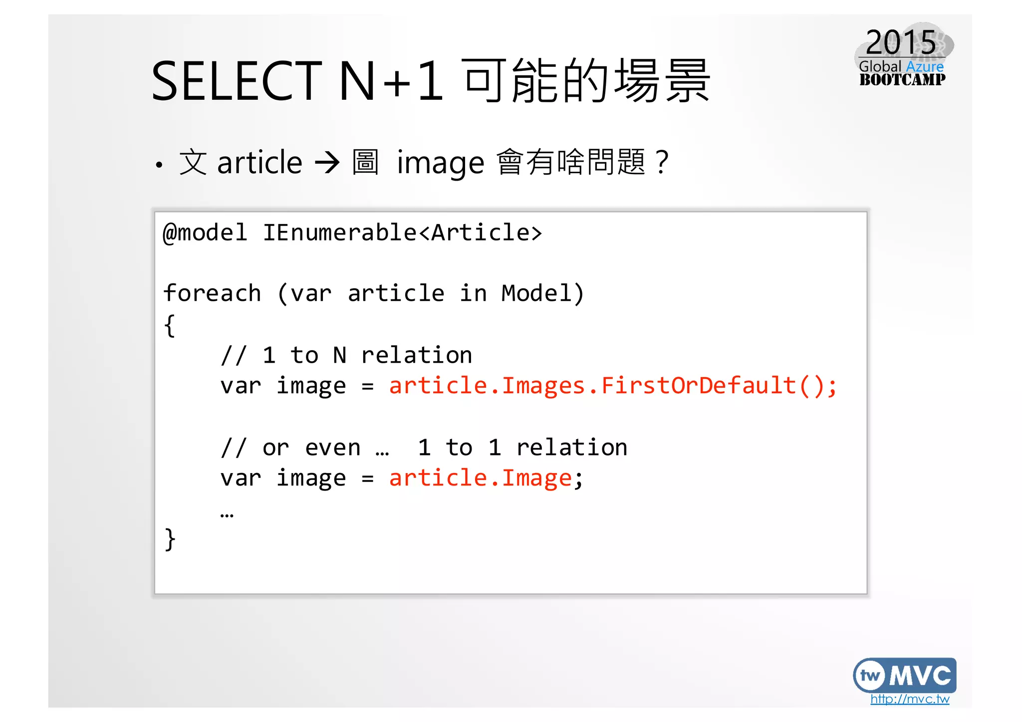 http://mvc.tw
SELECT N+1 可能的場景
• 文 article à 圖 image 會有啥問題？
@model  IEnumerable<Article>
foreach (var article  in  Model)
{
//  1  to  N  relation      
var image  =  article.Images.FirstOrDefault();
//  or  even  …    1  to  1  relation      
var image  =  article.Image;
…
}
 