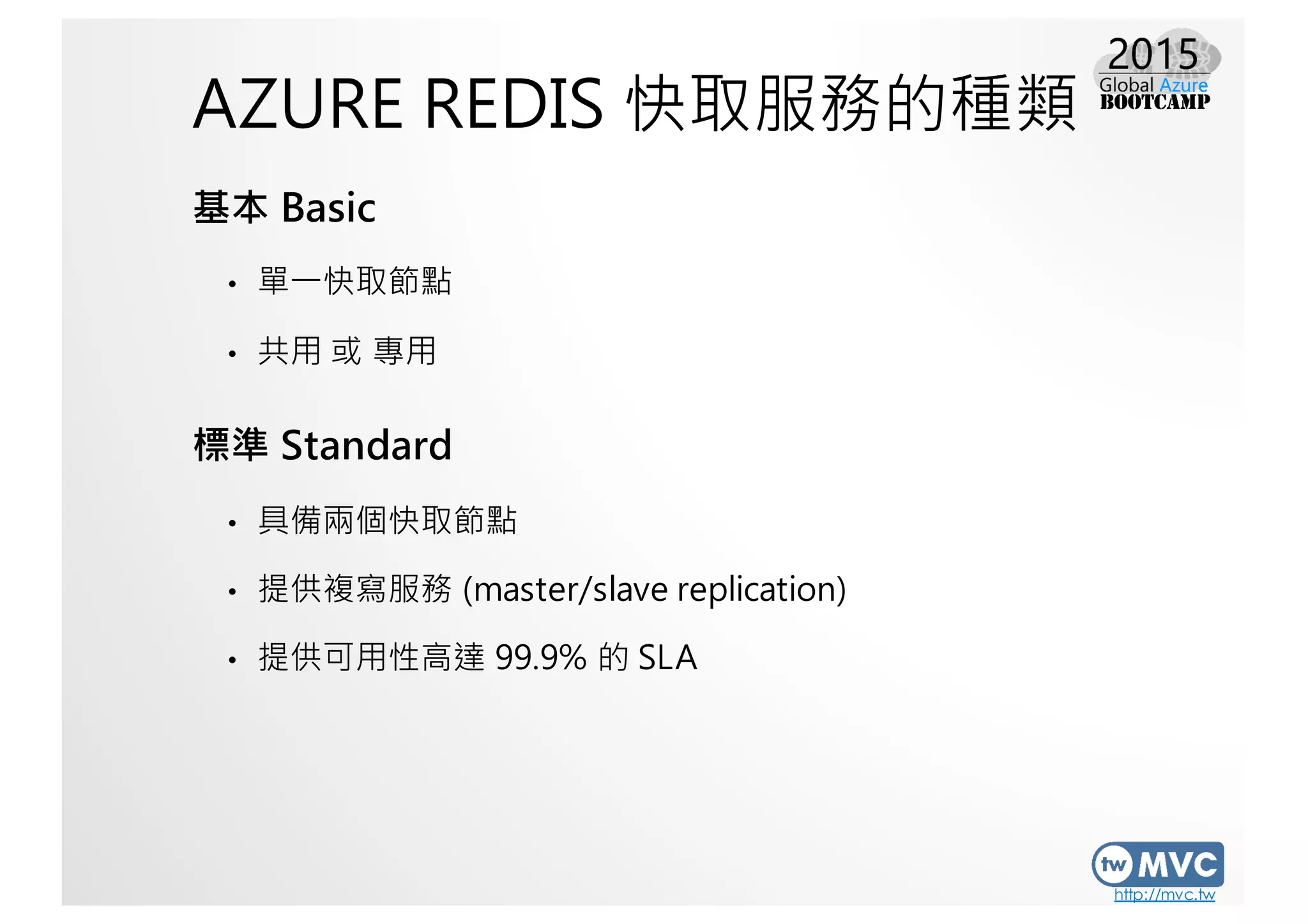 http://mvc.tw
AZURE REDIS 快取服務的種類
基本 Basic
• 單一快取節點
• 共用 或 專用
標準 Standard
• 具備兩個快取節點
• 提供複寫服務 (master/slave replication)
• 提供可用性高達 99.9% 的 SLA
 