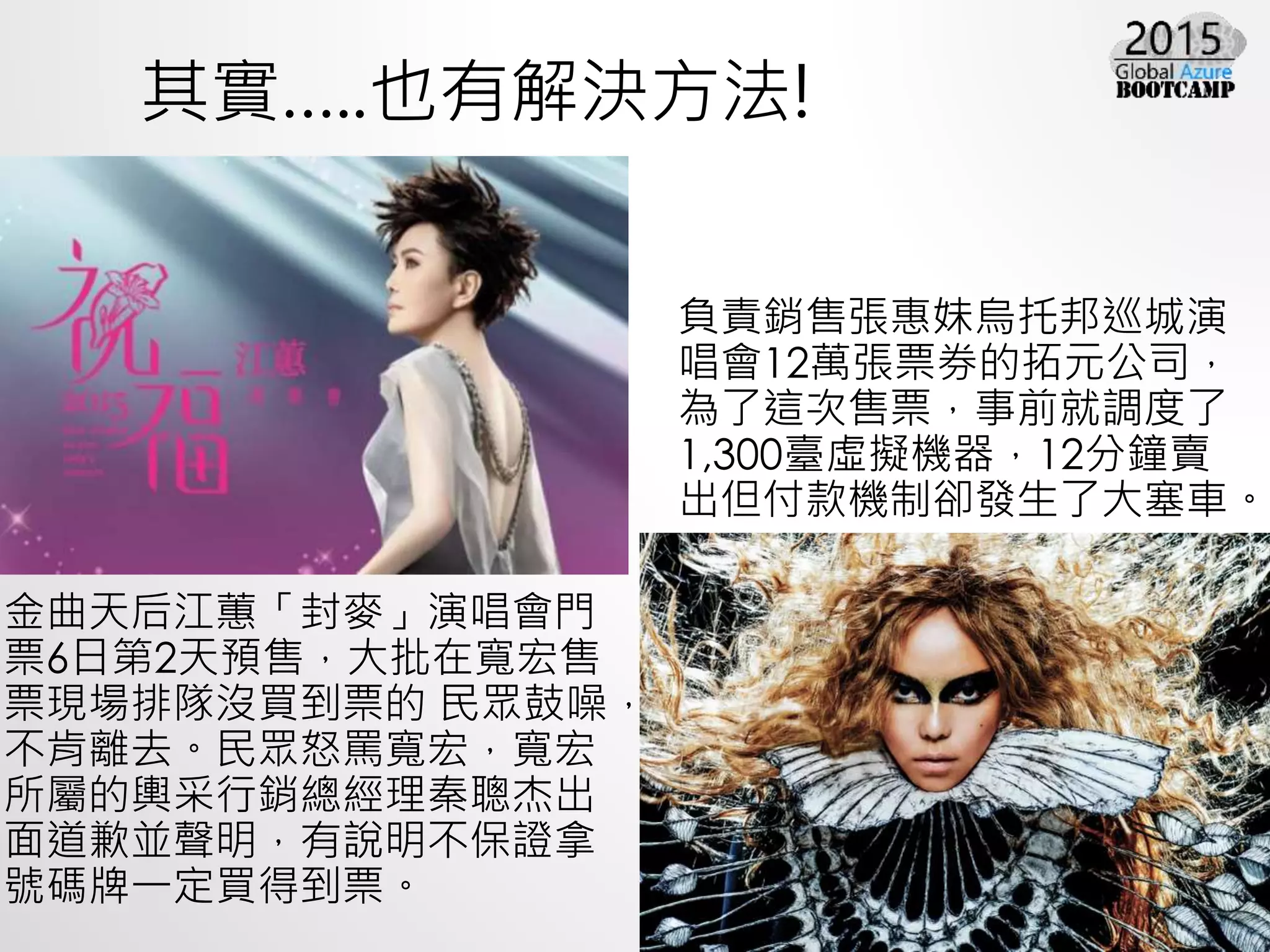 http://mvc.tw
其實…..也有解決方法!
負責銷售張惠妹烏托邦巡城演
唱會12萬張票券的拓元公司，
為了這次售票，事前就調度了
1,300臺虛擬機器，12分鐘賣
出但付款機制卻發生了大塞車。
金曲天后江蕙「封麥」演唱會門
票6日第2天預售，大批在寬宏售
票現場排隊沒買到票的 民眾鼓噪，
不肯離去。民眾怒罵寬宏，寬宏
所屬的輿采行銷總經理秦聰杰出
面道歉並聲明，有說明不保證拿
號碼牌一定買得到票。
 