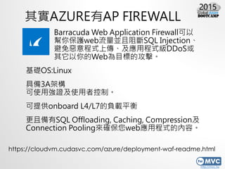 http://mvc.tw
䌍AZUREAP FIREWALL
Barracuda Web Application Firewall
㱣owebKSQL Injection
␺ʽςóʽDDoS
WebĿ˵Ĺ
AOS:Linux
߂3Aܘ
ʹÏCʹ߿ơ
ṩonboard L4/L7ؓdƽ
҂SQL Offloading, Caching, Compression
Connection Pooling_webóʽăݡ
https://cloudvm.cudasvc.com/azure/deployment-waf-readme.html
 