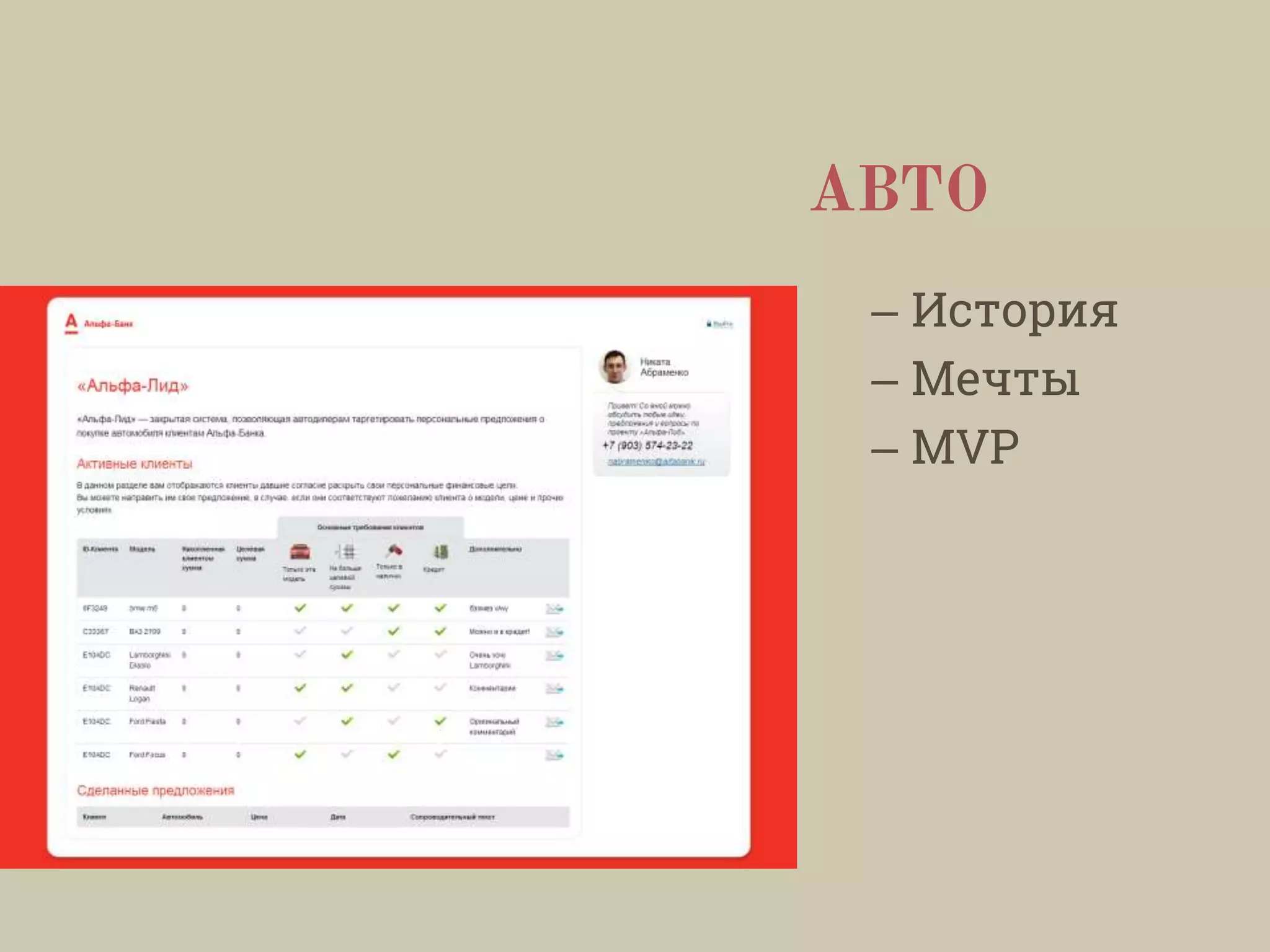 АВТО
– История
– Мечты
– MVP
 
