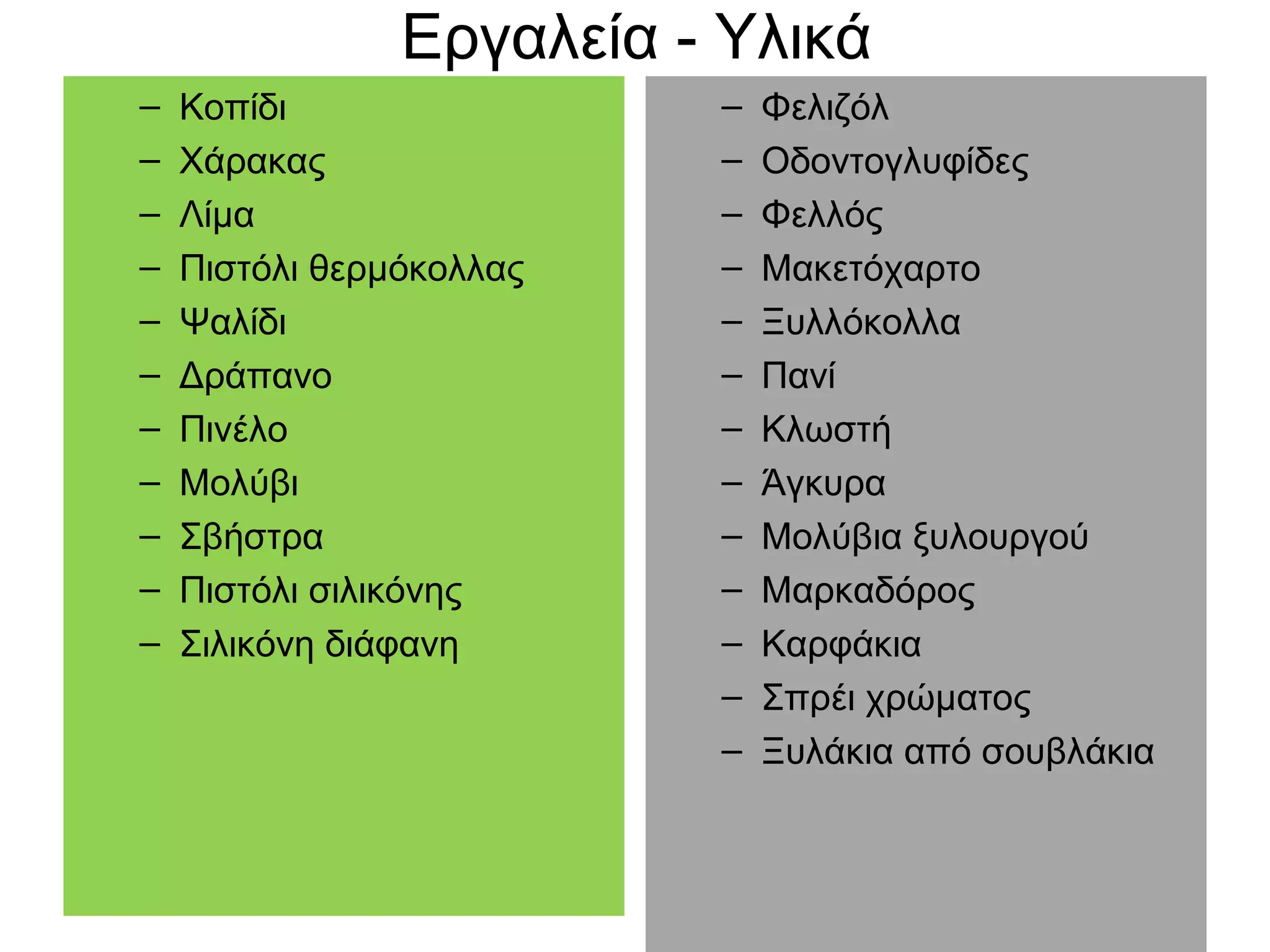Εργαλεία - Υλικά
– Κοπίδι
– Χάρακας
– Λίμα
– Πιστόλι θερμόκολλας
– Ψαλίδι
– Δράπανο
– Πινέλο
– Μολύβι
– Σβήστρα
– Πιστόλι σιλικόνης
– Σιλικόνη διάφανη
– Φελιζόλ
– Οδοντογλυφίδες
– Φελλός
– Μακετόχαρτο
– Ξυλλόκολλα
– Πανί
– Κλωστή
– Άγκυρα
– Μολύβια ξυλουργού
– Μαρκαδόρος
– Καρφάκια
– Σπρέι χρώματος
– Ξυλάκια από σουβλάκια
 