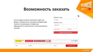 Возможность заказать
Сотни заявок в месяц поступают через эти
формы. Помимо всех электронных форм идёт
полное отслеживание телефонных
обращений по всей России со всех рекламных
каналов.
 