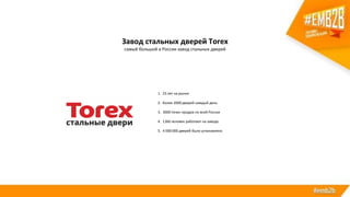 Завод стальных дверей Torex
самый большой в России завод стальных дверей
1. 25 лет на рынке
2. Более 2000 дверей каждый день
3. 3000 точек продаж по всей России
4. 1366 человек работают на заводе
5. 4 000 000 дверей было установлено
 