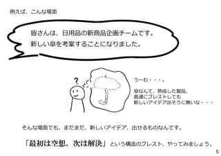 5
皆さんは、⽇⽤品の新商品企画チームです。
新しい傘を考案することになりました。
例えば、こんな場⾯
うーむ・・・。
傘なんて、熟成した製品、
普通にブレストしても
新しいアイデア出そうに無いな・・・
そんな場⾯でも、まだまだ、新しいアイデア、出せるものなんです。
「最初は空想、次は解決」という構造のブレスト、やってみましょう。
 