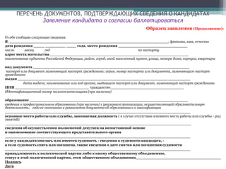 ПЕРЕЧЕНЬ ДОКУМЕНТОВ, ПОДТВЕРЖДАЮЩИХ СВЕДЕНИЯ О КАНДИДАТАХ
Заявление кандидата о согласии баллотироваться
Образец заявления (Продолжение):
О себе сообщаю следующие сведения:
Я, _______________________________________________________________________, фамилия, имя, отчество
дата рождения _____ _________ ____ года, место рождения _______________________________
число месяц год по паспорту
адрес места жительства ______________________________________________________________
наименование субъекта Российской Федерации, район, город, иной населенный пункт, улица, номера дома, корпуса, квартиры
вид документа ______________________________________________________________________
паспорт или документ заменяющий паспорт гражданина; серия, номер паспорта или документа, заменяющего паспорт
гражданина
выдан _____________________________________________________________________________
дата выдачи, наименование или код органа, выдавшего паспорт или документ, заменяющий паспорт гражданина
ИНН _________________________________ гражданство_________________________________
Идентификационный номер налогоплательщика (при наличии)
образование _______________________________________________________________________
сведения о профессиональном образовании (при наличии) с указанием организации, осуществляющей образовательную
деятельность, года ее окончания и реквизитов документа об образовании и о квалификации
___________________________________________________________________________________
основное место работы или службы, занимаемая должность ( в случае отсутствия основного места работы или службы - род
занятий)
___________________________________________________________________________________
сведения об осуществлении полномочий депутата на непостоянной основе
и наименование соответствующего представительного органа
___________________________________________________________________________________
если у кандидата имелась или имеется судимость - сведения о судимости кандидата, -
а если судимость снята или погашена, также сведения о дате снятия или погашения судимости
___________________________________________________________________________________
принадлежность к политической партии либо к иному общественному объединению,
статус в этой политической партии, этом общественном объединении___________________________________
Подпись
Дата
 