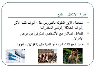 ‫؟ طرق؟ النتقال؟ ؟ ؟ ؟ بيتبع‬
 ‫استعمال؟ البر؟ الملوثه؟ بالفيروس؟ مثل:؟ أدوات؟ ثقب؟ النذن؟‬
.‫,أدوات؟ الحلةقة؟ ,الوخشم,؟ المخدرات‬
 ‫التعامل؟ المباخشر؟ مع؟ الخشخاص؟ المتورفين؟ من؟ مرض؟‬
‫البيبول‬.
.‫صيد؟ الحيوانات؟ البربية؟ أو؟ اكلها؟ مثل؟ :الغزلن؟ والقرود‬
 