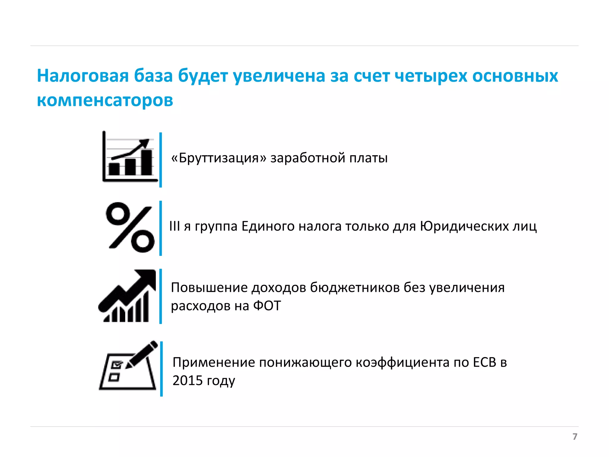 7
Налоговая база будет увеличена за счет четырех основных
компенсаторов
«Бруттизация» заработной платы
III я группа Единого налога только для Юридических лиц
Повышение доходов бюджетников без увеличения
расходов на ФОТ
Применение понижающего коэффициента по ЕСВ в
2015 году
 