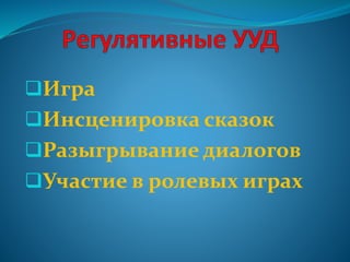 Игра
Инсценировка сказок
Разыгрывание диалогов
Участие в ролевых играх
 