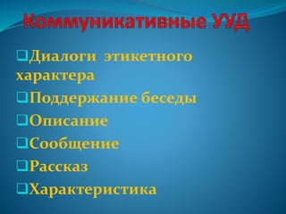 Диалоги этикетного
характера
Поддержание беседы
Описание
Сообщение
Рассказ
Характеристика
 