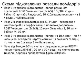 • Фаза 1-го справжнього листка - полив розчином
препаратів ROST®-концентрат (5х5х5), 10г/10л води +
Райкат-Старт (або Радіфарм), 10г/10л води; по листу - на 1
л води 1 г Мікромакса;
• Фаза 2-х справжніх листків, вік 21-24 дня - пересадка в
контейнер (0,5 л торфосуміші) з поливом добривами
ROST®-концентрат (5х5х5), 10 мл + Сіквентіал 1, 20 мл +
Байкал М, 10 мл;
• Фаза 3-го справжнього листка - полив: на 10 л води - по 7 г
кальцієвої селітри та нітрату магнію і 5 г аміачної селітри;
по листу - на 1 л води 3 мл Кальмакса;
• Фаза від 3-го до 6-7-го листка - регулярні поливи ROST®-
концентратом (5х5х5), 20 мл / 10 л води; по листку раз на
тиждень обробка препаратами фірми «Омекс».
Схема підживлення розсади помідорів
 